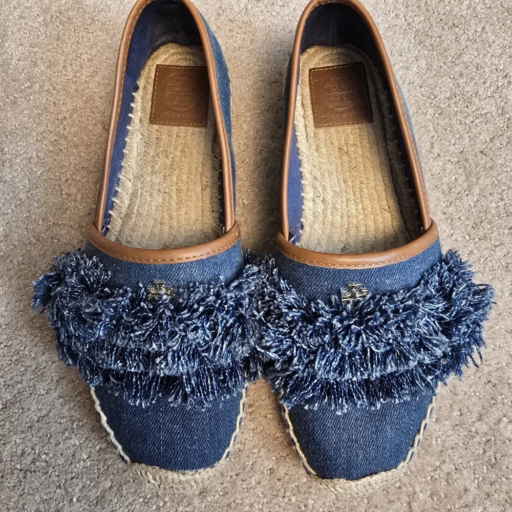 Tory Burch Navy Blue Denim Shaw Fringe Espadrille Flats Size 7.5 - Picture 1 of 12